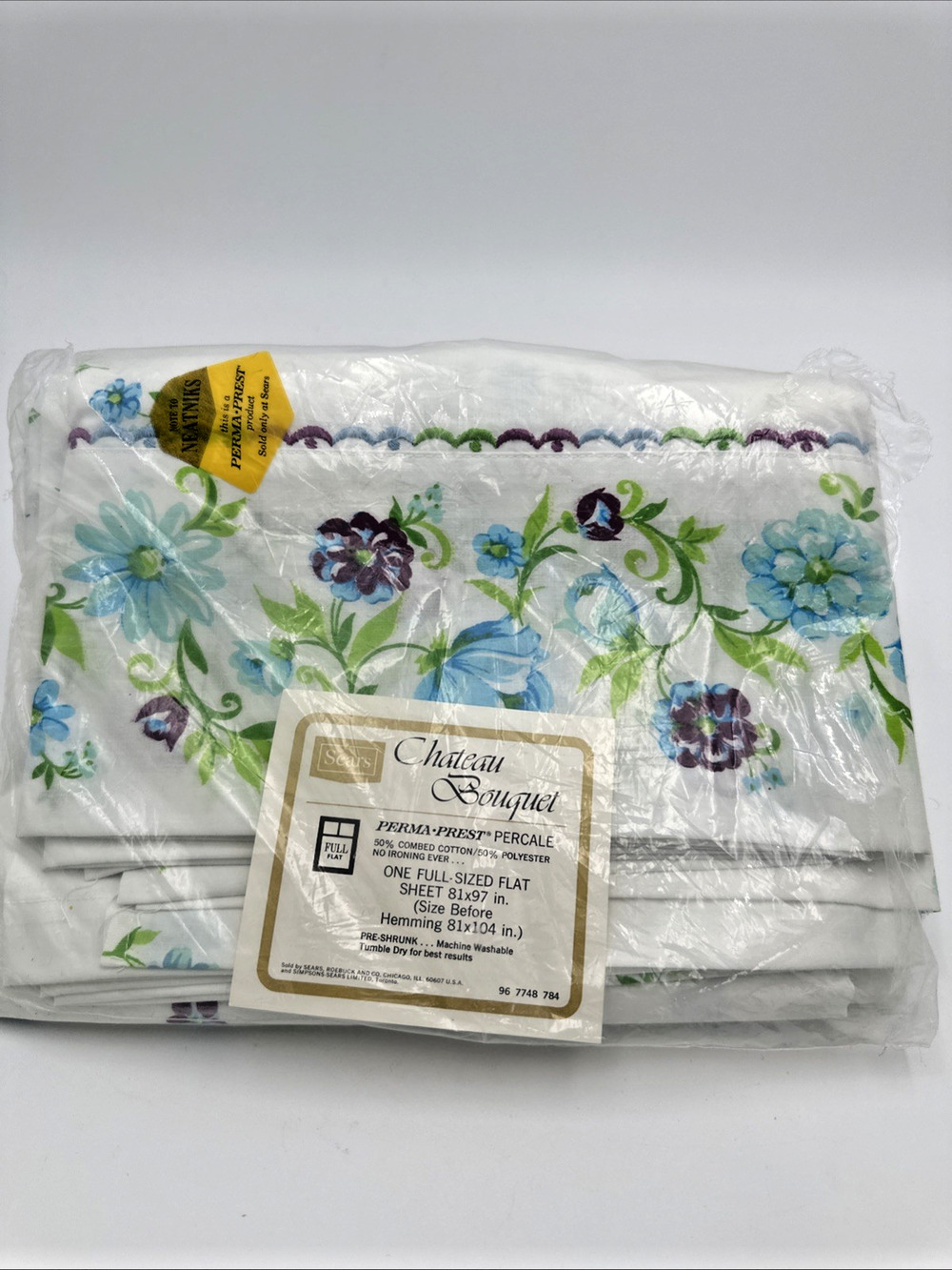 Vintage Sears Full Flat Sheet “ Chateau Bouquet” Perma Prest Percale NEW